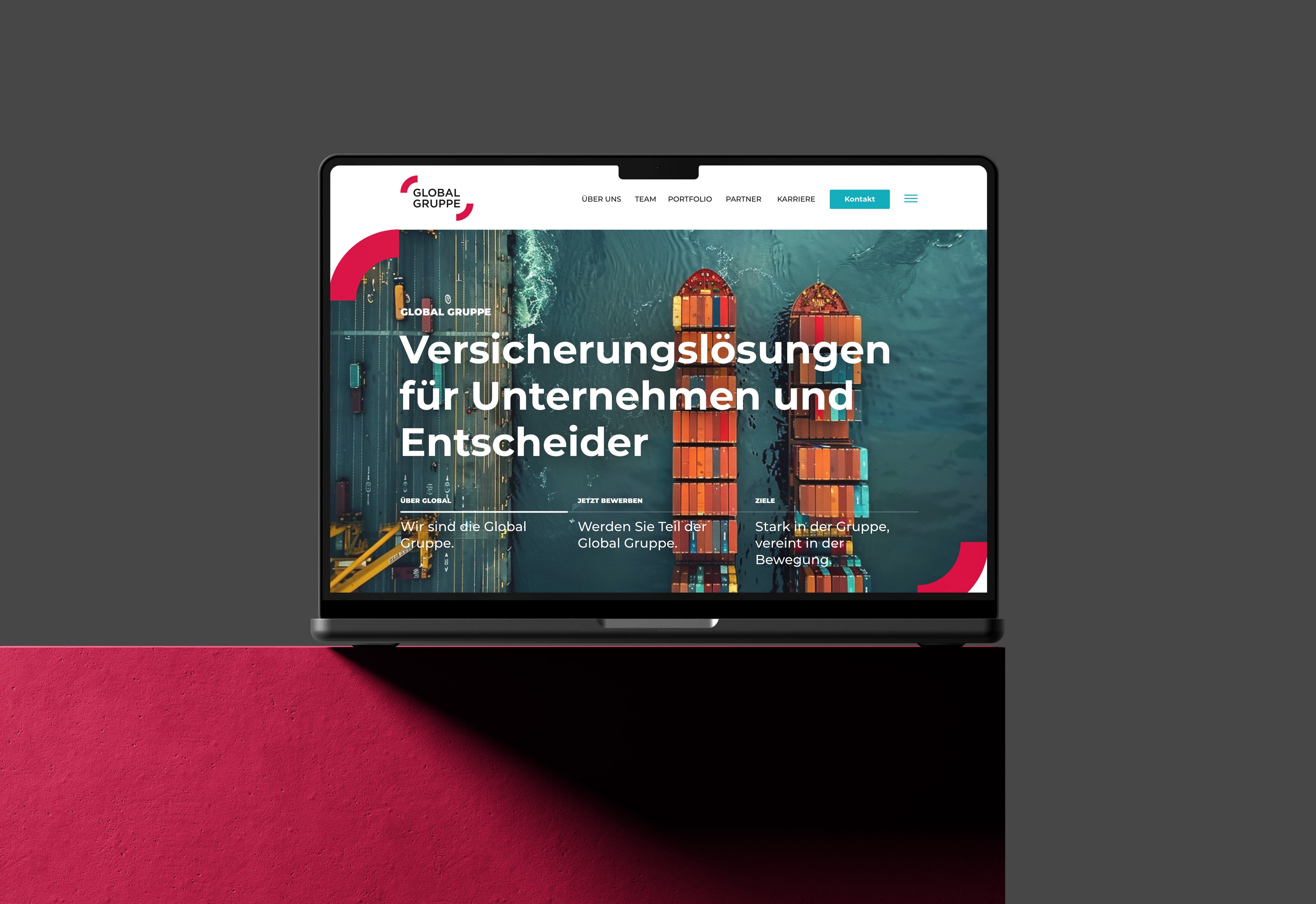 Digitale Anwendung des Corporate Designs – Website-Layout und UI-Design der Global Gruppe.