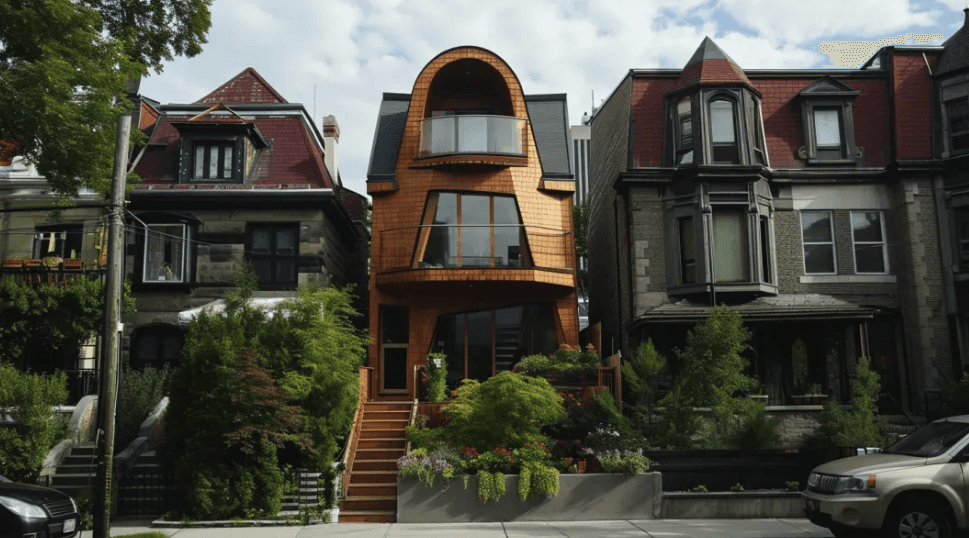 Contemporary narrow townhouse with rounded copper facade wedged between Victorian homes on urban street