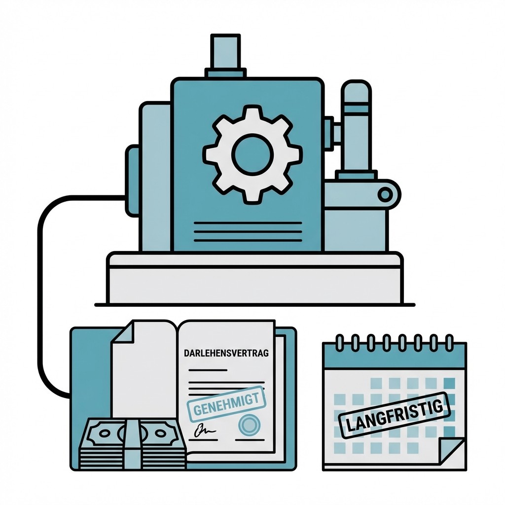 Illustration: Maschine verarbeitet genehmigten Leasingvertrag zu Geld, mit monatlichem Zeitstrahl darunter.