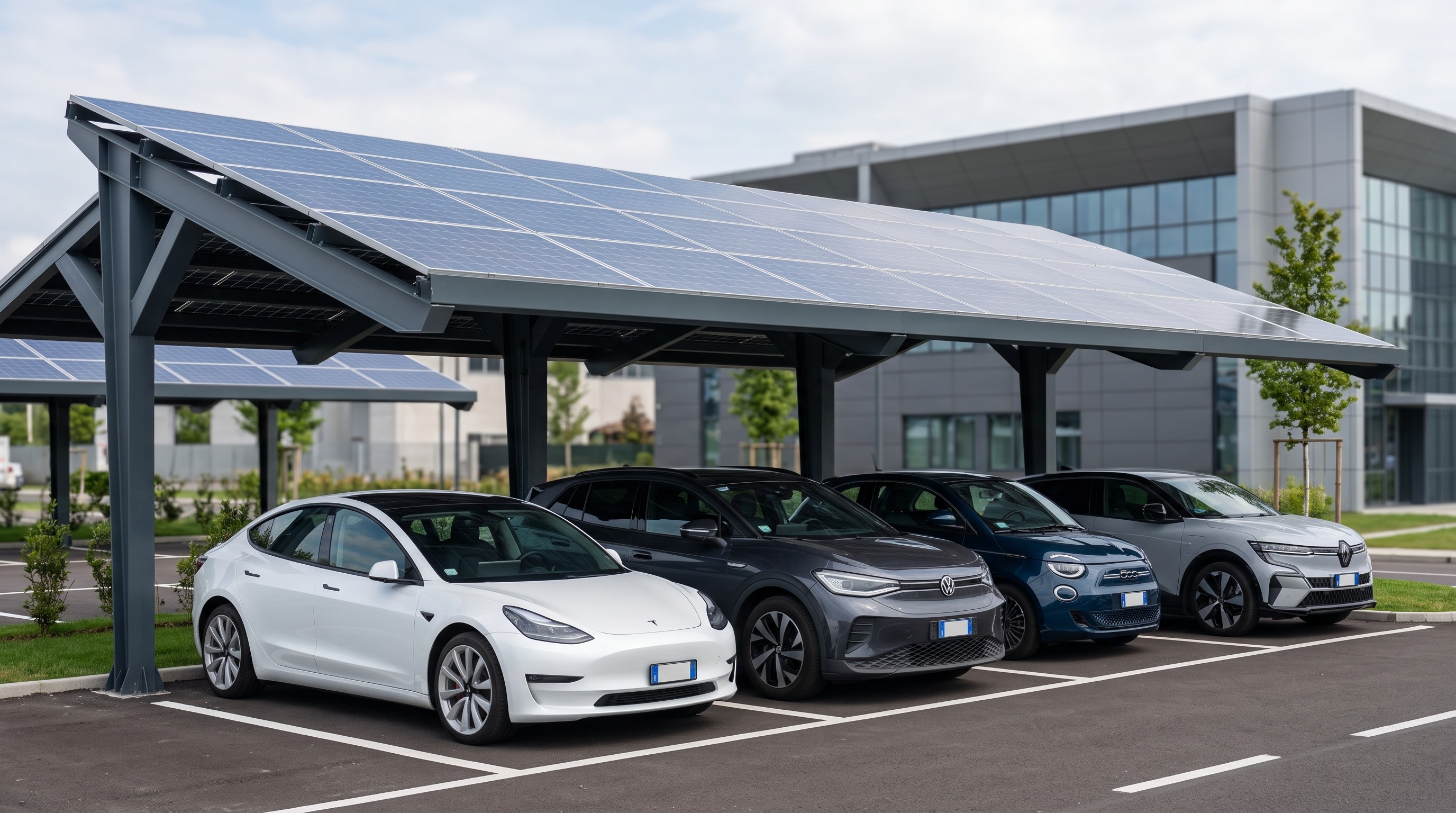 Detached house with a roof fully covered in solar panels and an electric car in the driveway