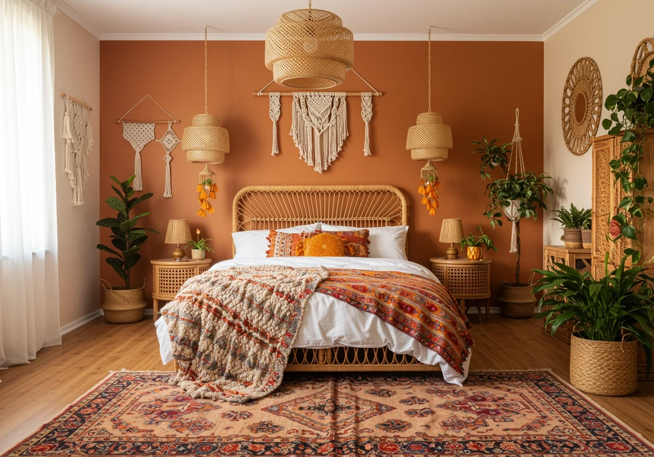 Bohemian-style bedroom with a warm terracotta accent wall, rattan bed frame, layered textiles in earthy tones, macramé wall hangings, woven pendant lights, and lush greenery creating a cozy, eclectic vibe.