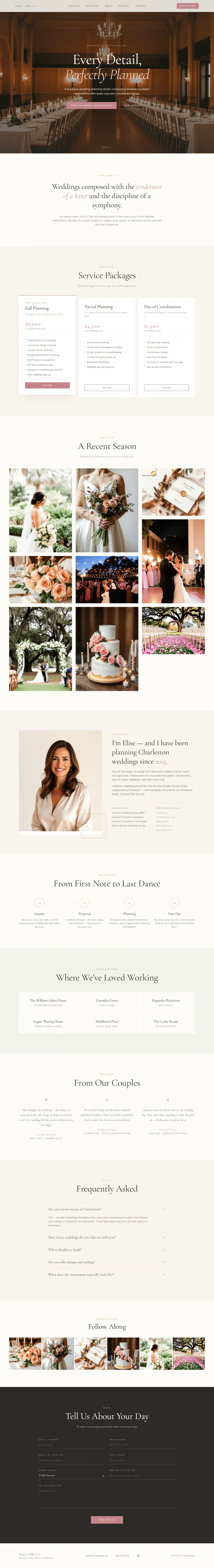 Full wedding planner website design: serif hero, portfolio, three tier packages, inquiry form