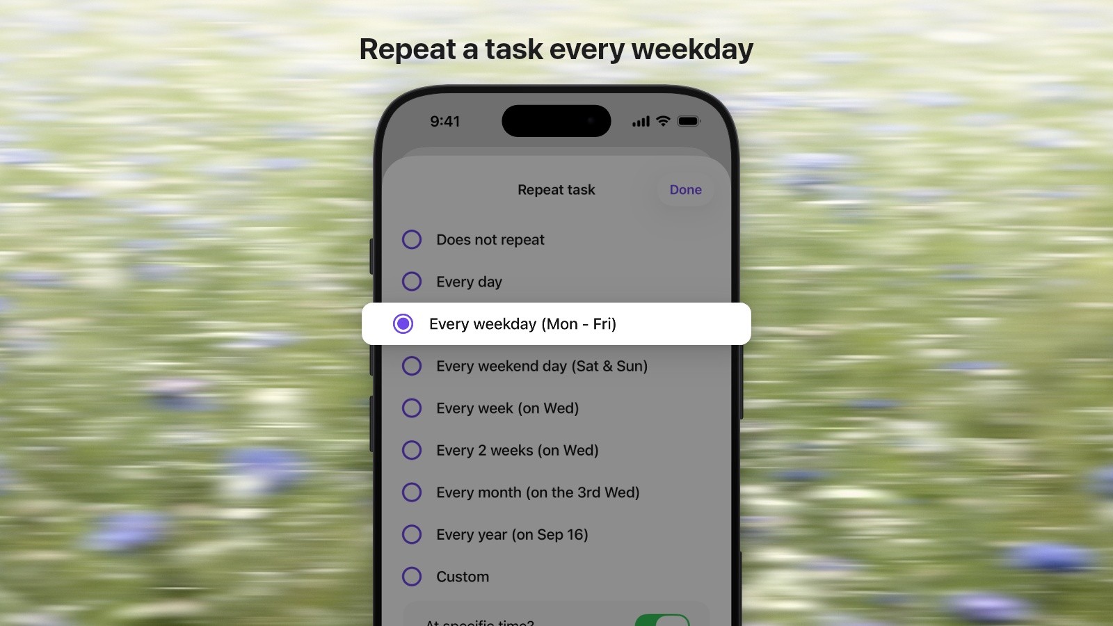 An Ellie help image of the Repeat task sheet with the headline Repeat a task every weekday across the top and the Every weekday (Mon - Fri) row lifted
