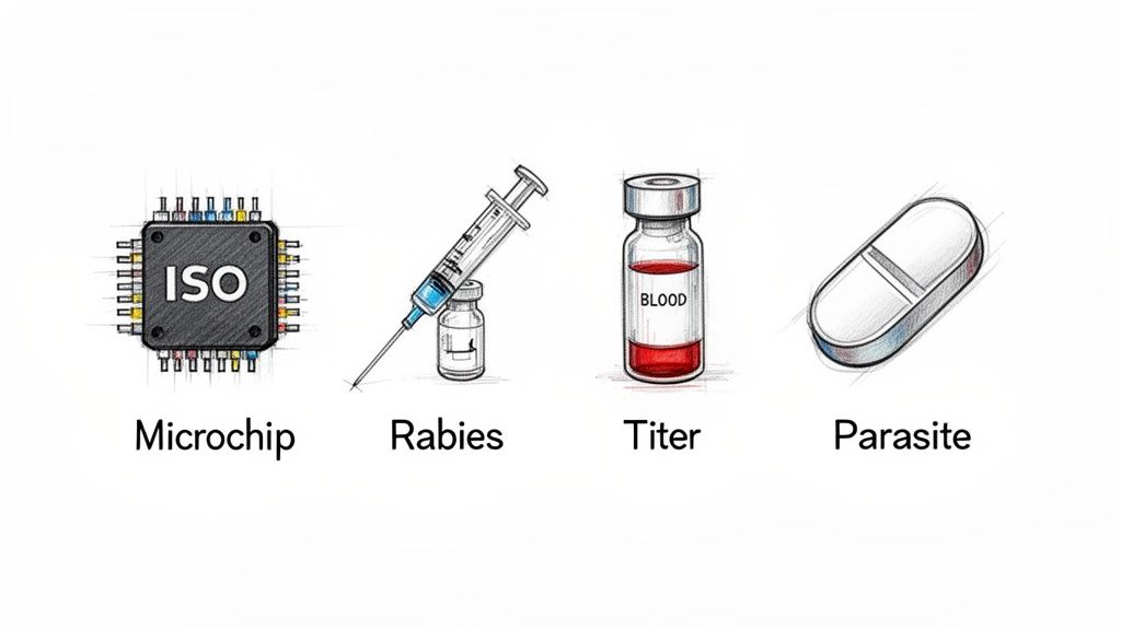 Illustrations of a microchip, rabies vaccine, blood titer test, and parasite medication for pet health requirements.