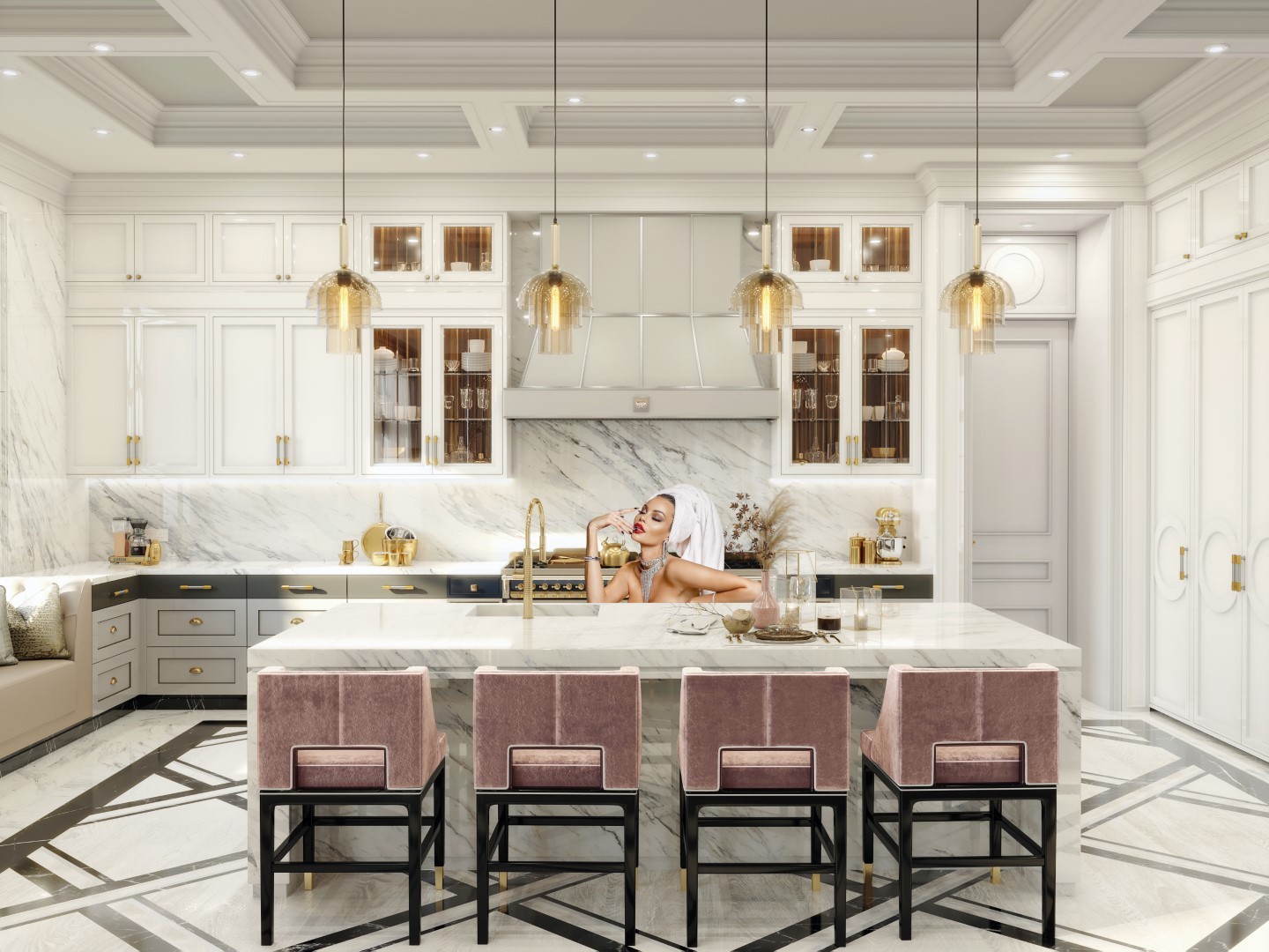 Luxurious kitchen featuring marble countertops, gold pendant lighting, sleek cabinetry, and plush pink bar stools for an elegant and modern design.