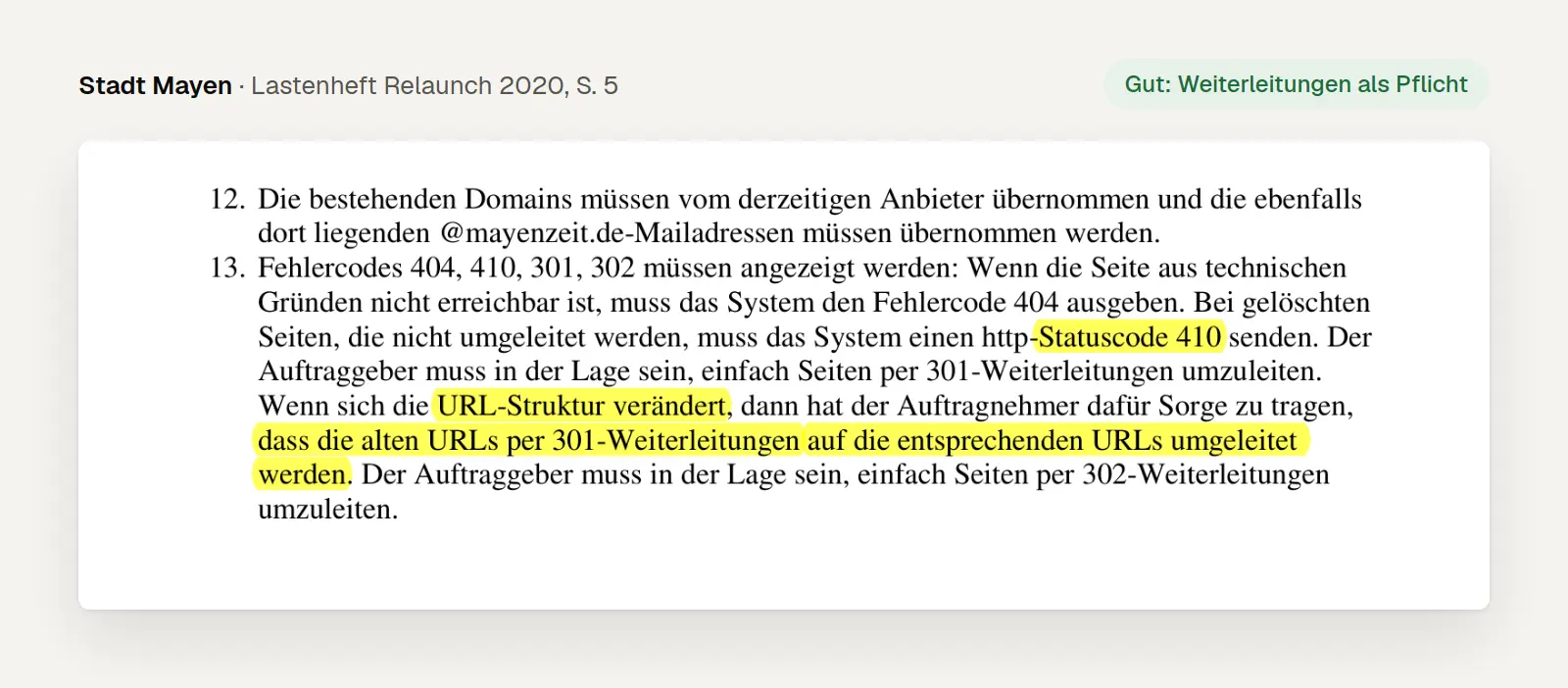 Ausschnitt aus dem Lastenheft der Stadt Mayen 2020, Seite 5: alte URLs per 301-Weiterleitung umleiten, Statuscode 410 für gelöschte Seiten