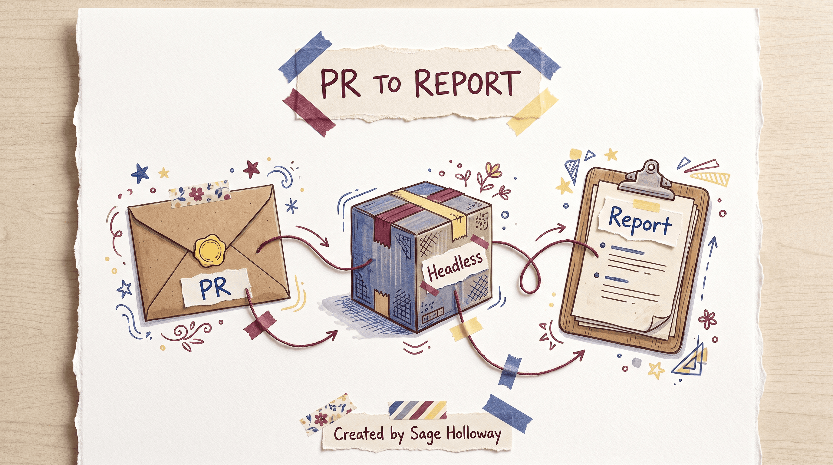 Scrapbook diagram of a pull request triggering a headless Claude Code QA run and a written report
