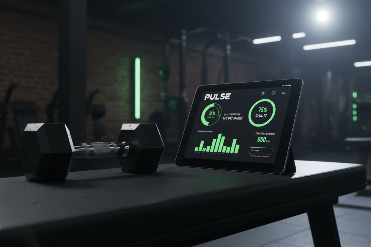 Workout tracker app screen beside dumbbells