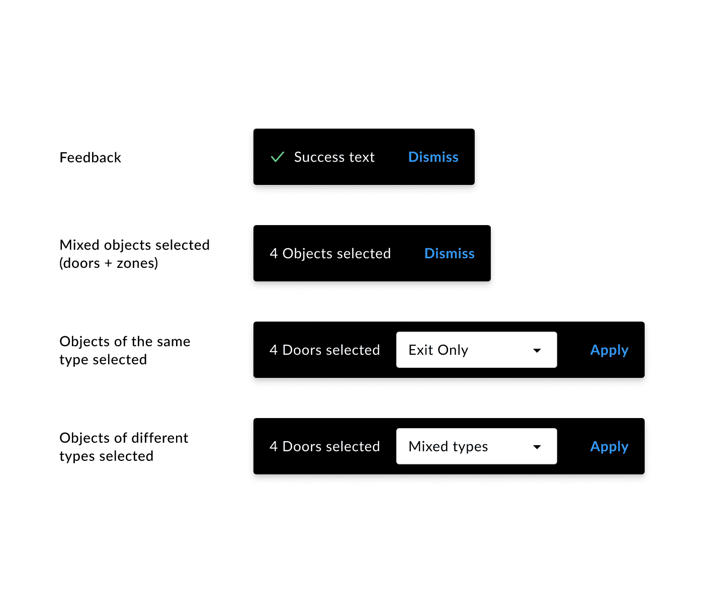 Interface detail showing different types of toasts like "Success", "Mixed objects selected" and "Objects with same type selected"