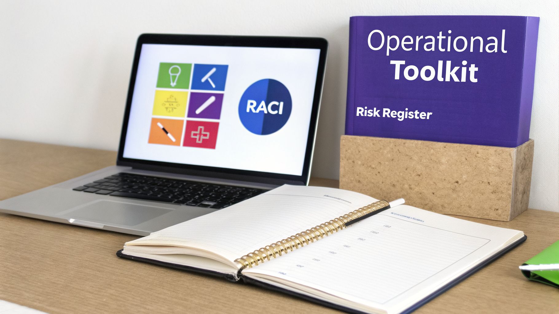 A laptop, an 'Operational Toolkit' binder, and an open notebook on a wooden desk, symbolizing project management.
