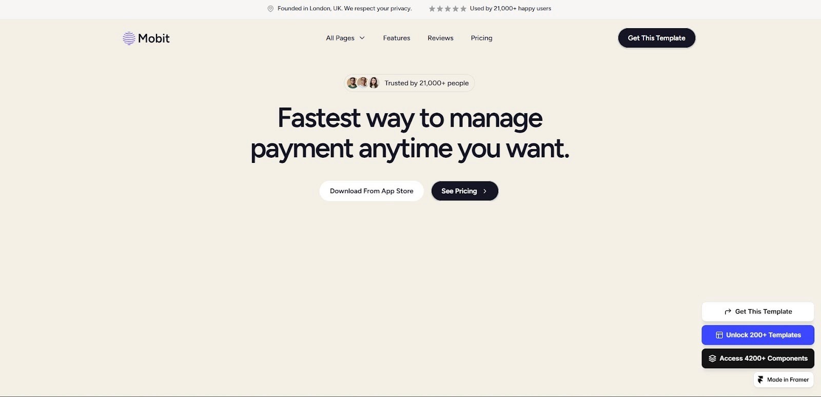 Mobit software and mobile app landing page template designed in Framer