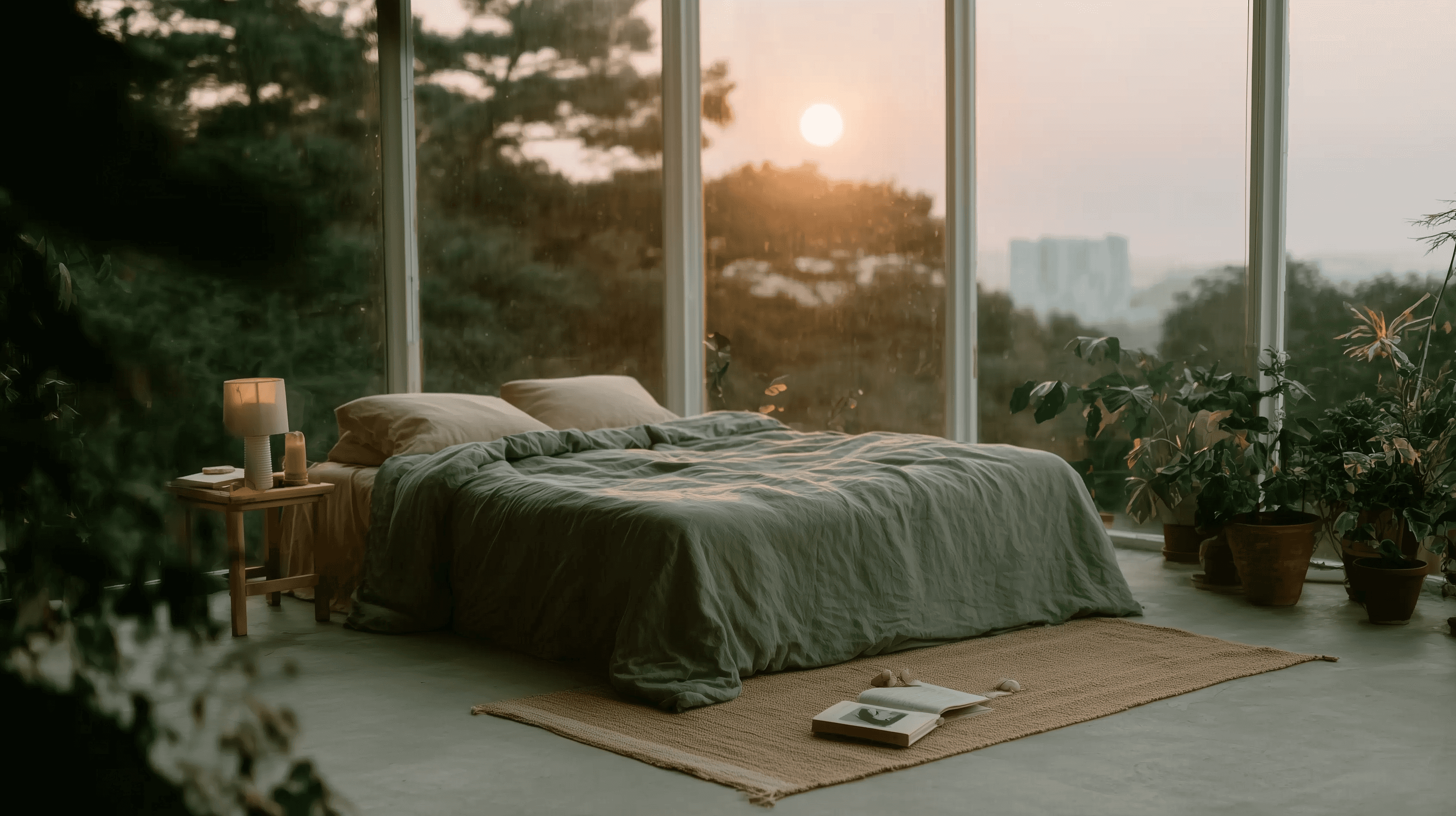 Cozy sleeping bed high in the mountain with a sunset view