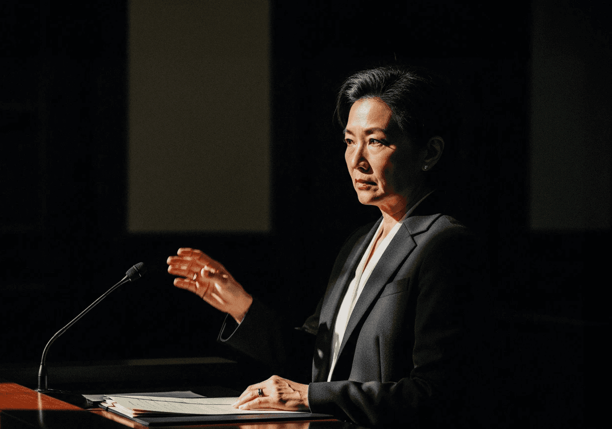 Female attorney presenting case in courtroom for justice-involved substance use disorder hearing