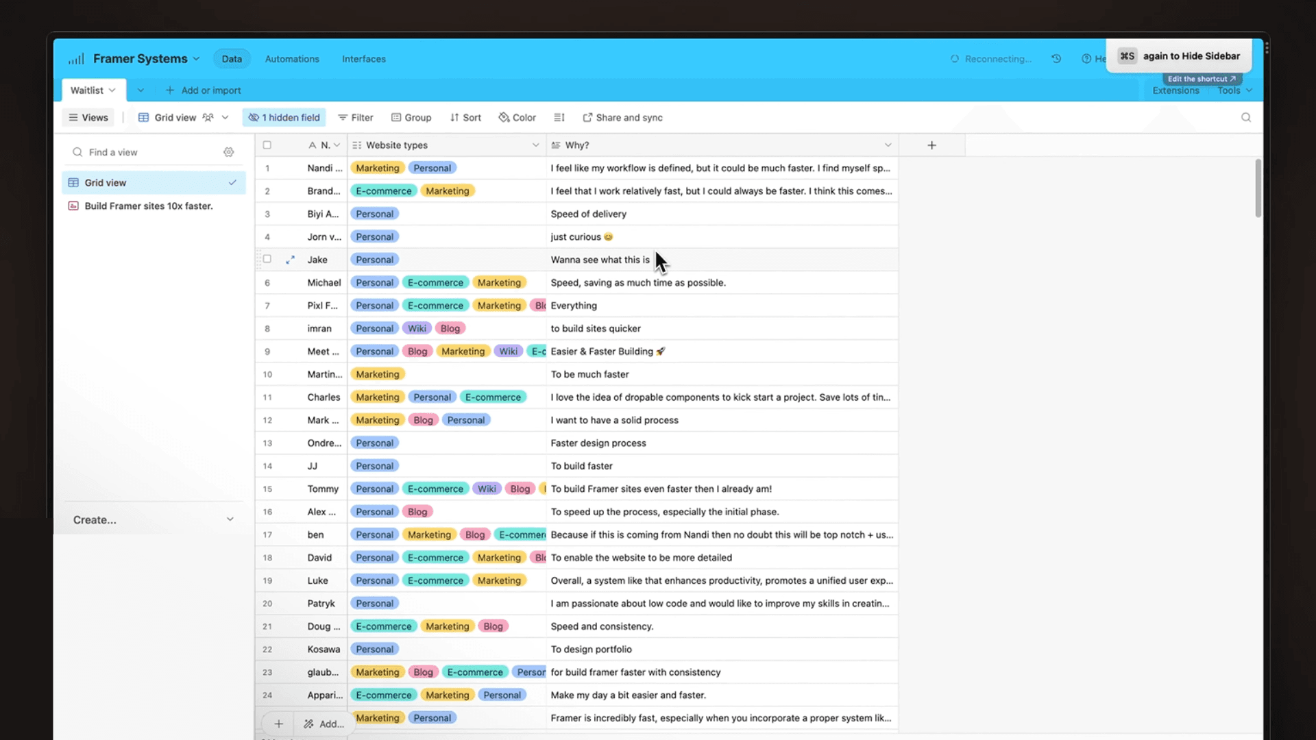 Framer Systems Airtable showcasing waitlist data with user preferences and feedback