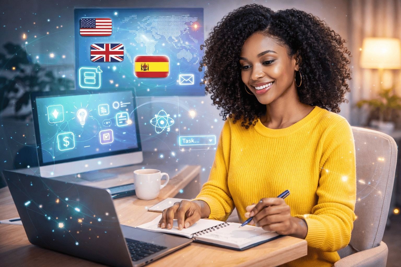 Content creator using automatic dubbing workflow on laptop with video translator dashboard and multilingual flags