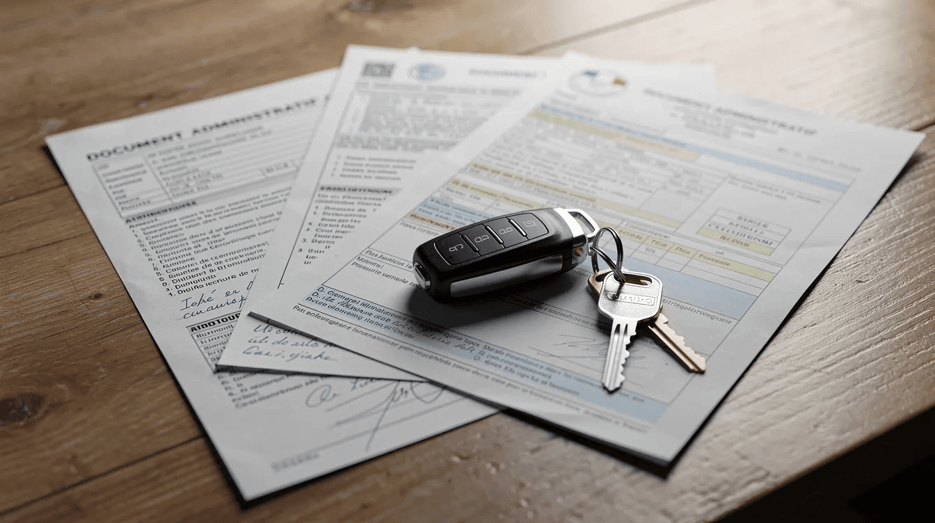 Sur une table, se trouvent des documents administratifs tels qu'un certificat d'immatriculation et une assurance auto, ainsi que des clés de voiture, symbolisant les démarches liées à la gestion d'un véhicule, notamment pour un véhicule hors d'usage.