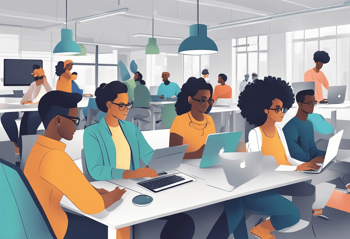 A diverse group of freelancers collaborating on projects, with a mix of digital and traditional workspaces, showcasing flexibility and innovation in business models