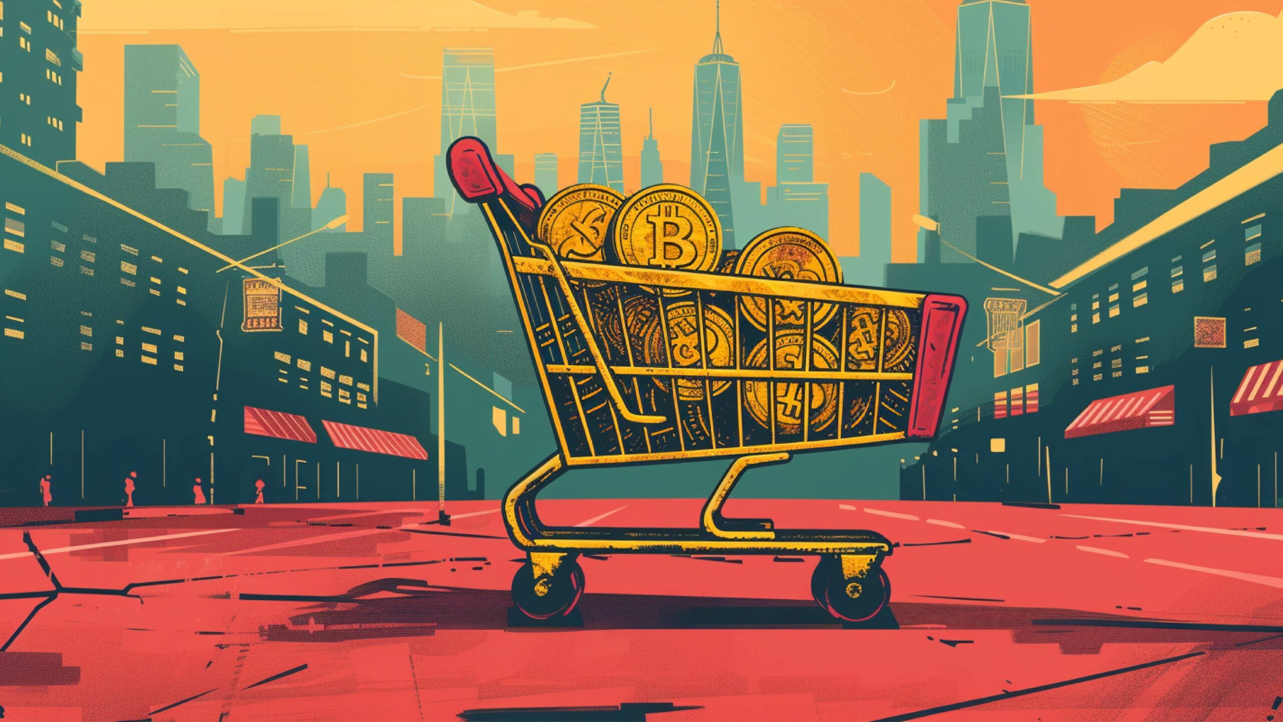 Shopping cart full of bitcoins in front of cityscape