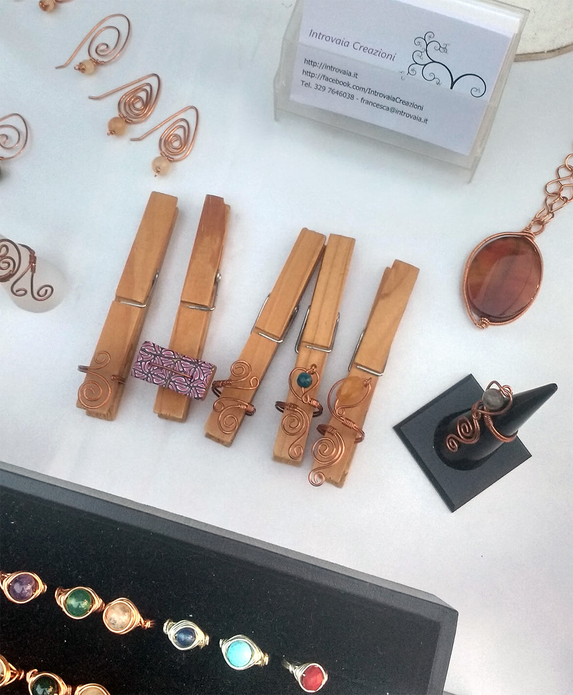 Handmade copper wire jewelry and gemstone rings from Francesca's former jewelry business, Introvaia Creazioni.