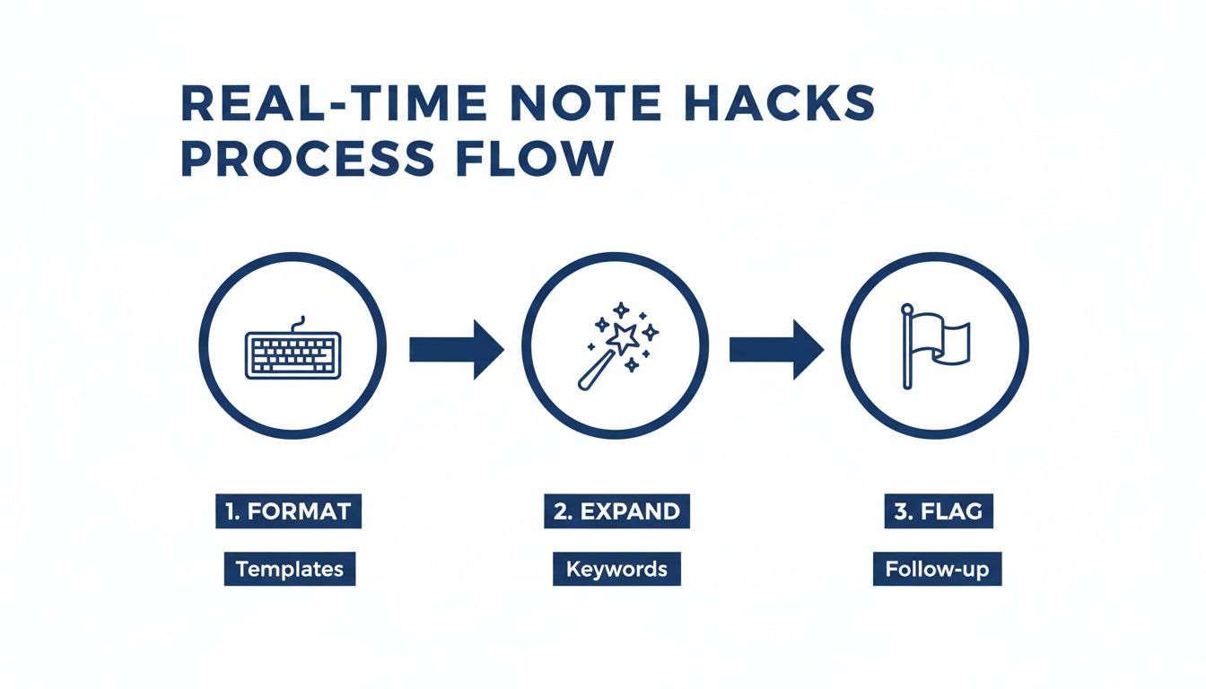 Infographic displaying a real-time note-taking process with steps for formatting, expanding, and flagging notes.