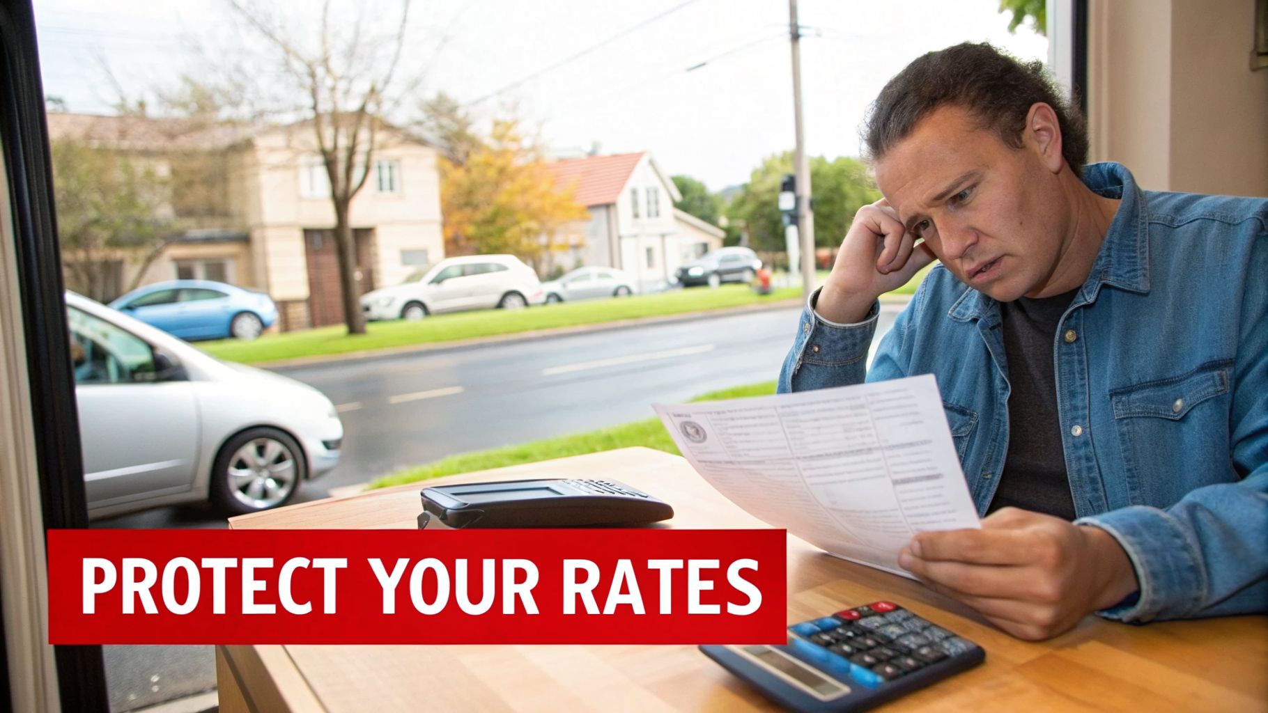 A stressed man reviews financial documents and calculations with calculators on a wooden table.