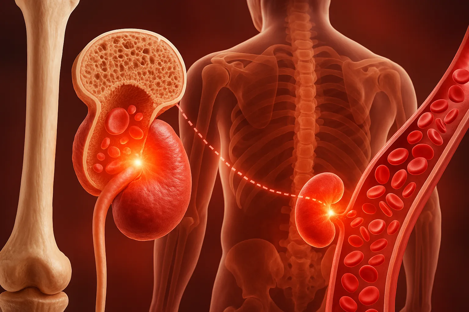 Erythropoietin (EPO) - 3D medical illustration showing kidneys releasing erythropoietin toward bone marrow and a blood vessel filled with red blood cells.
