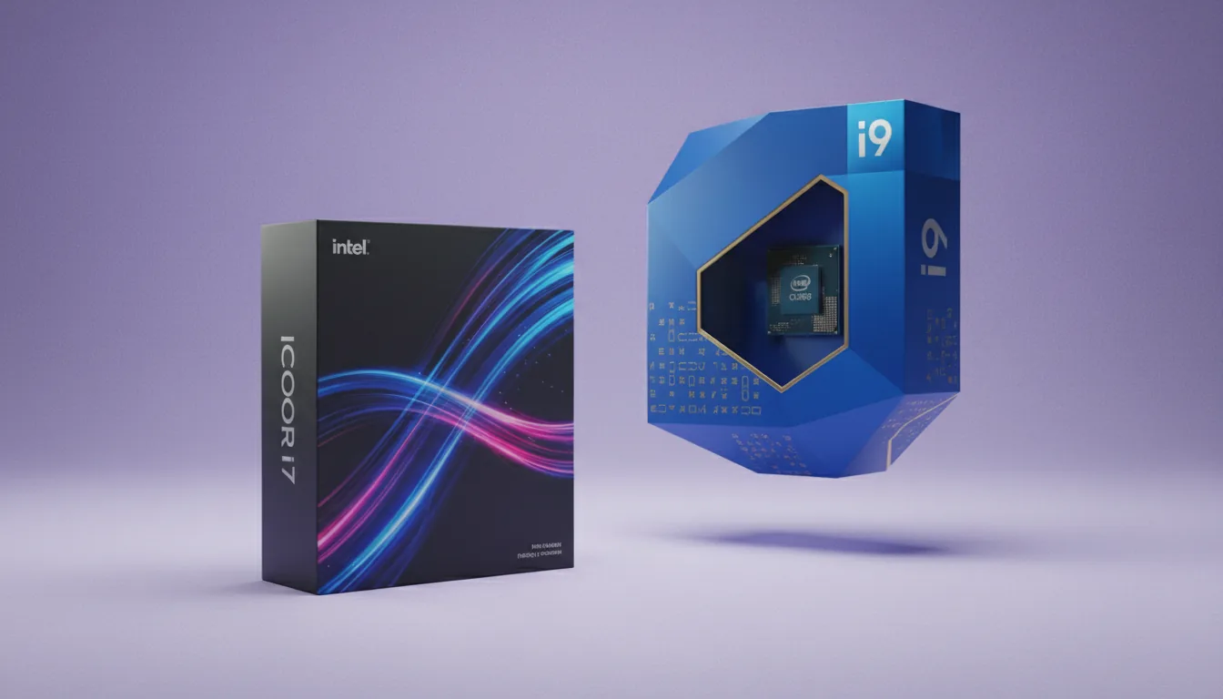 DSLR product photography of two modern Intel CPU retail boxes, an Intel Core i7 and an Intel Core i9, positioned at an angle on a slightly grainy lavender-colored studio backdrop. Soft studio lighting illuminates the scene with no harsh shadows. The i7 box is a dark rectangular prism with vibrant blue and magenta abstract light streaks. The i9 box is a geometric, multi-faceted blue package with a clear window showing the hardware inside and featuring gold-colored abstracted text. The focus is sharp across both product boxes.