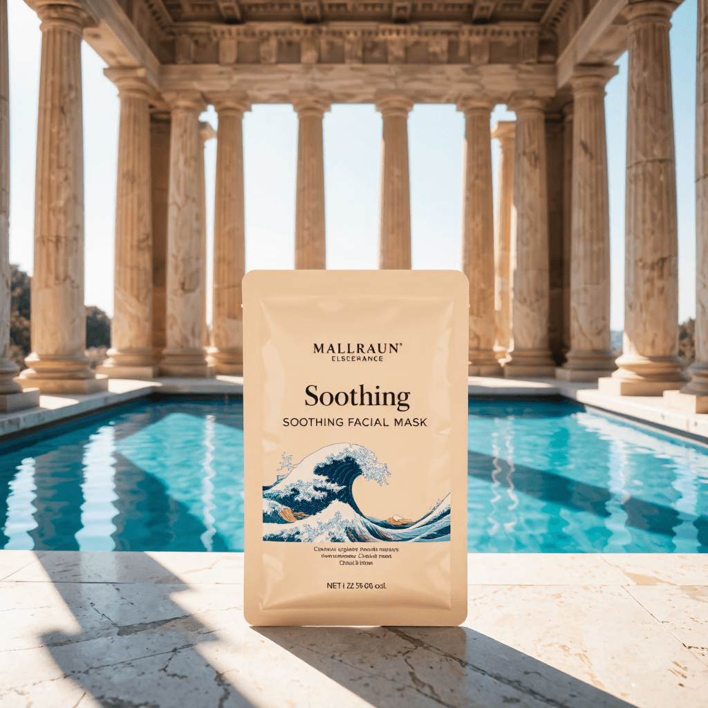 product photography of a packet of soothing facial mask