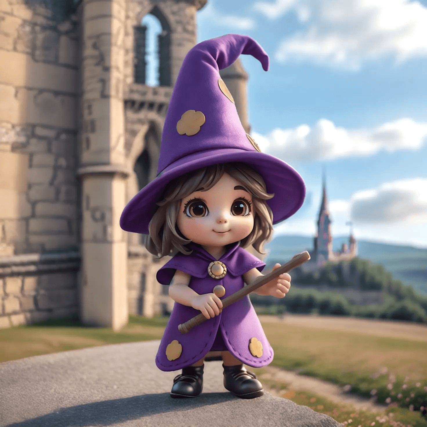 Magician with purple clothes on the road towards a castle. Image genrated by AI using Fuzer