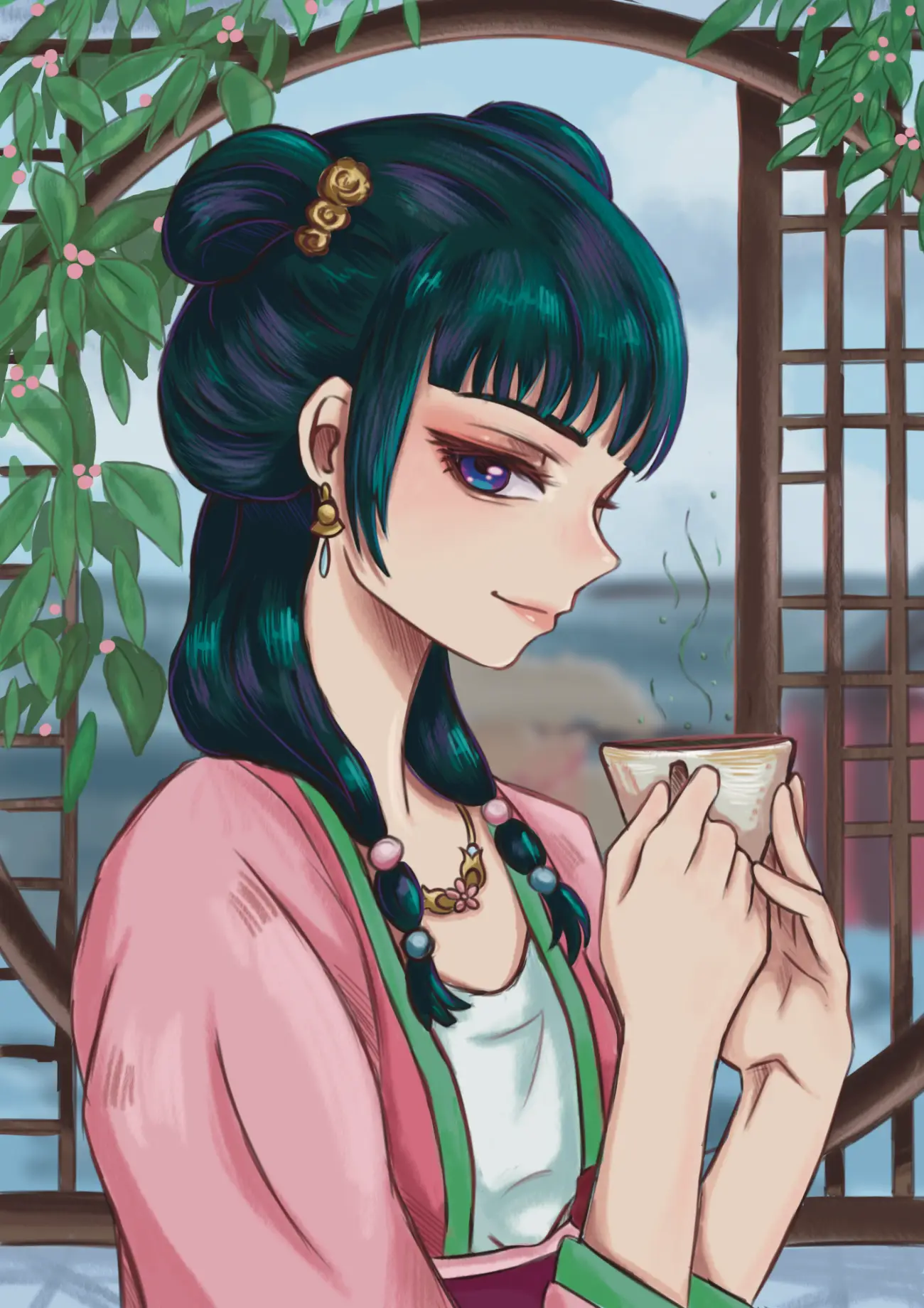 Digital anime-style illustration of green-haired Maomao in traditional robes drinking tea by a window - by Tiffany Springett.
