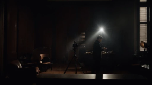 a director adjusts lighting on a moody, desaturated film set, illuminating a stark contrast between shadow and light.