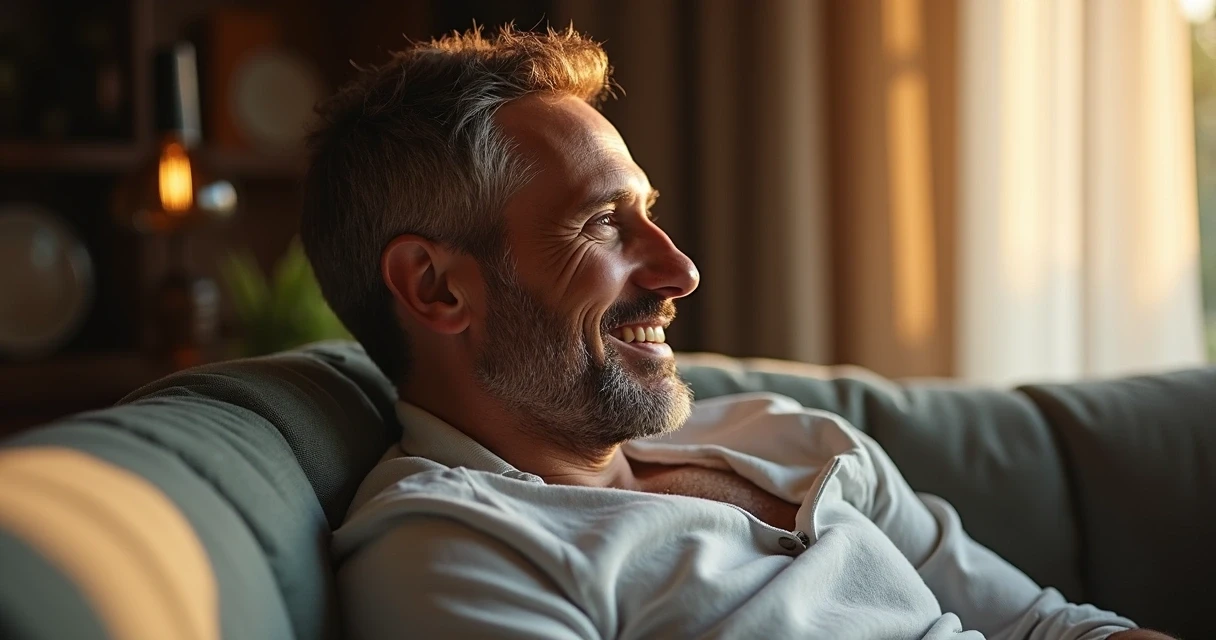 Homem relaxado sorrindo discretamente sentado no sofá 