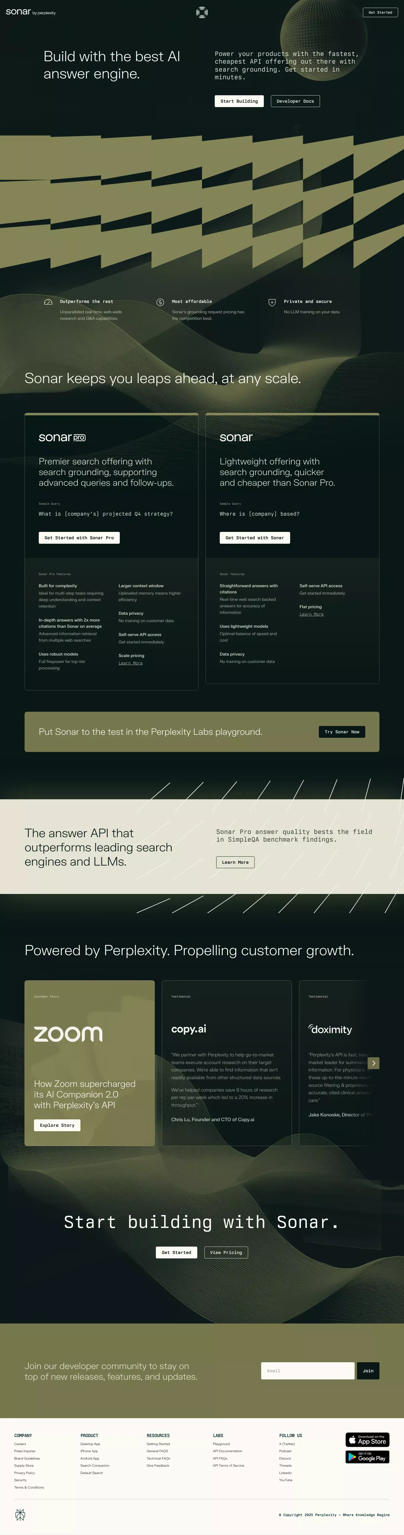 Sonar by Perplexity landing page screenshot showcasing AI and Tech design