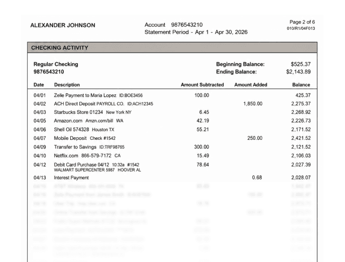 Synthetic example of a Citibank bank statement in PDF format