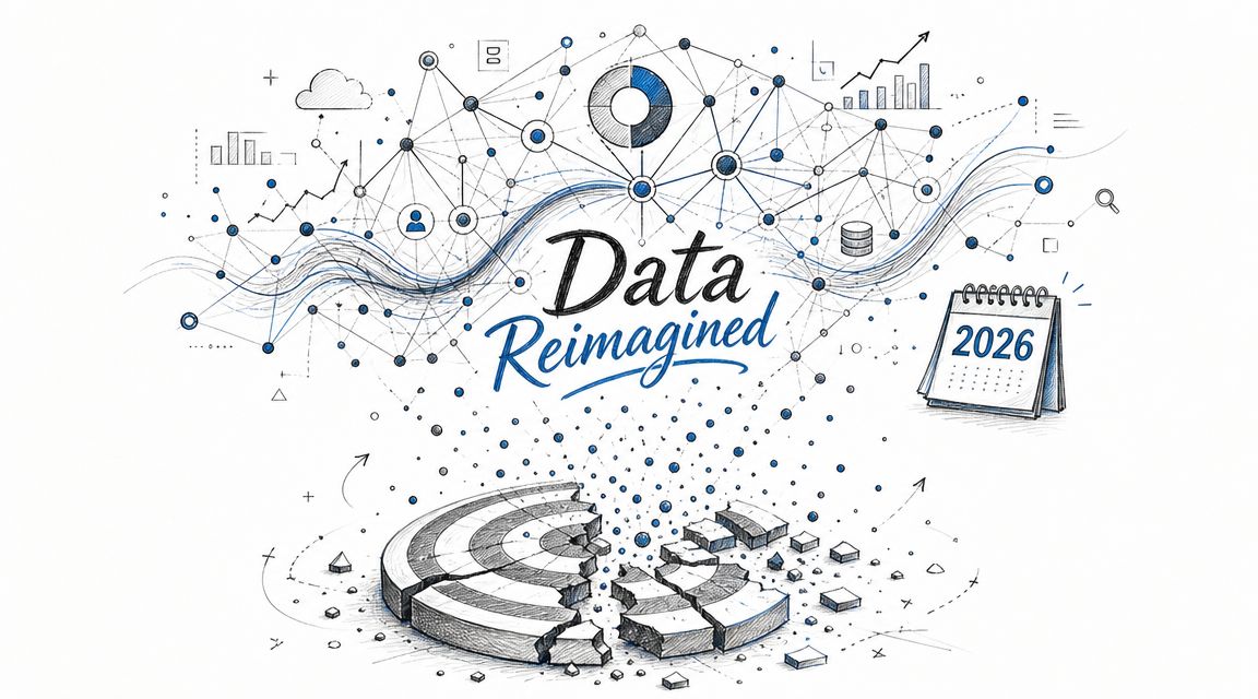 A hand-drawn illustration showing a data network, a calendar for 2026, and a fractured pie chart.