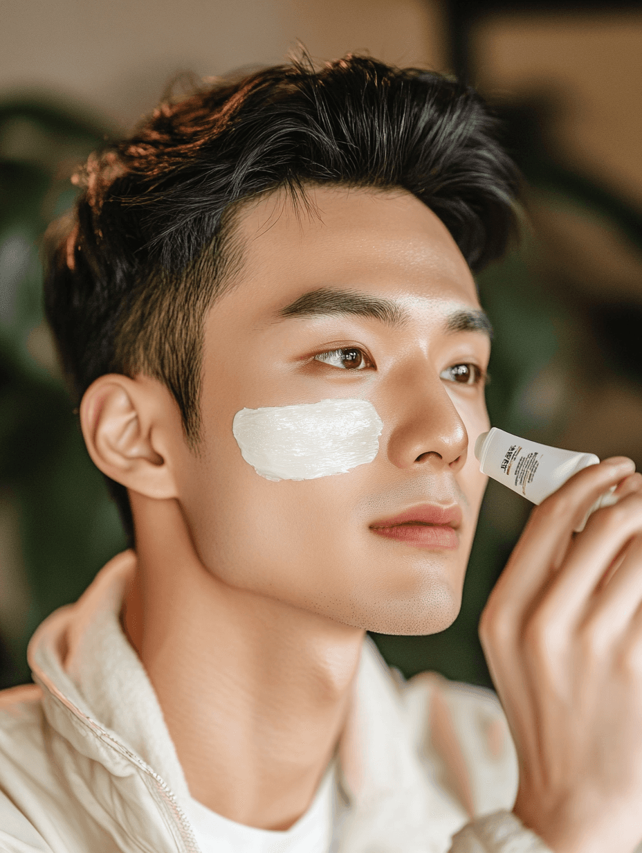 A Korean skincare influencer demonstrating the application of a soothing cream, highlighting effective routines and authentic content in skincare influencer marketing campaigns.