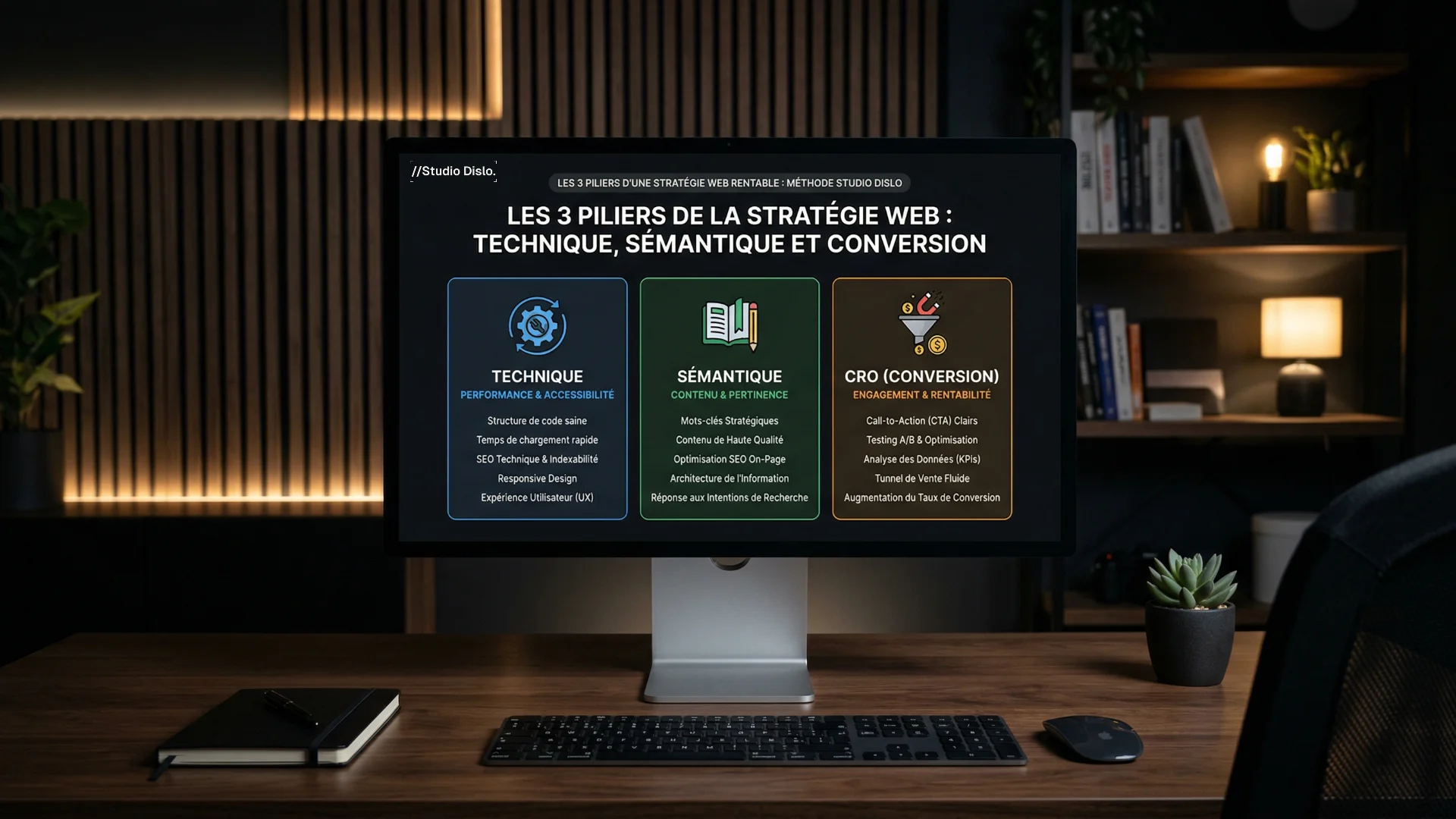 Les 3 piliers d'une stratégie web rentable : technique, sémantique et conversion.