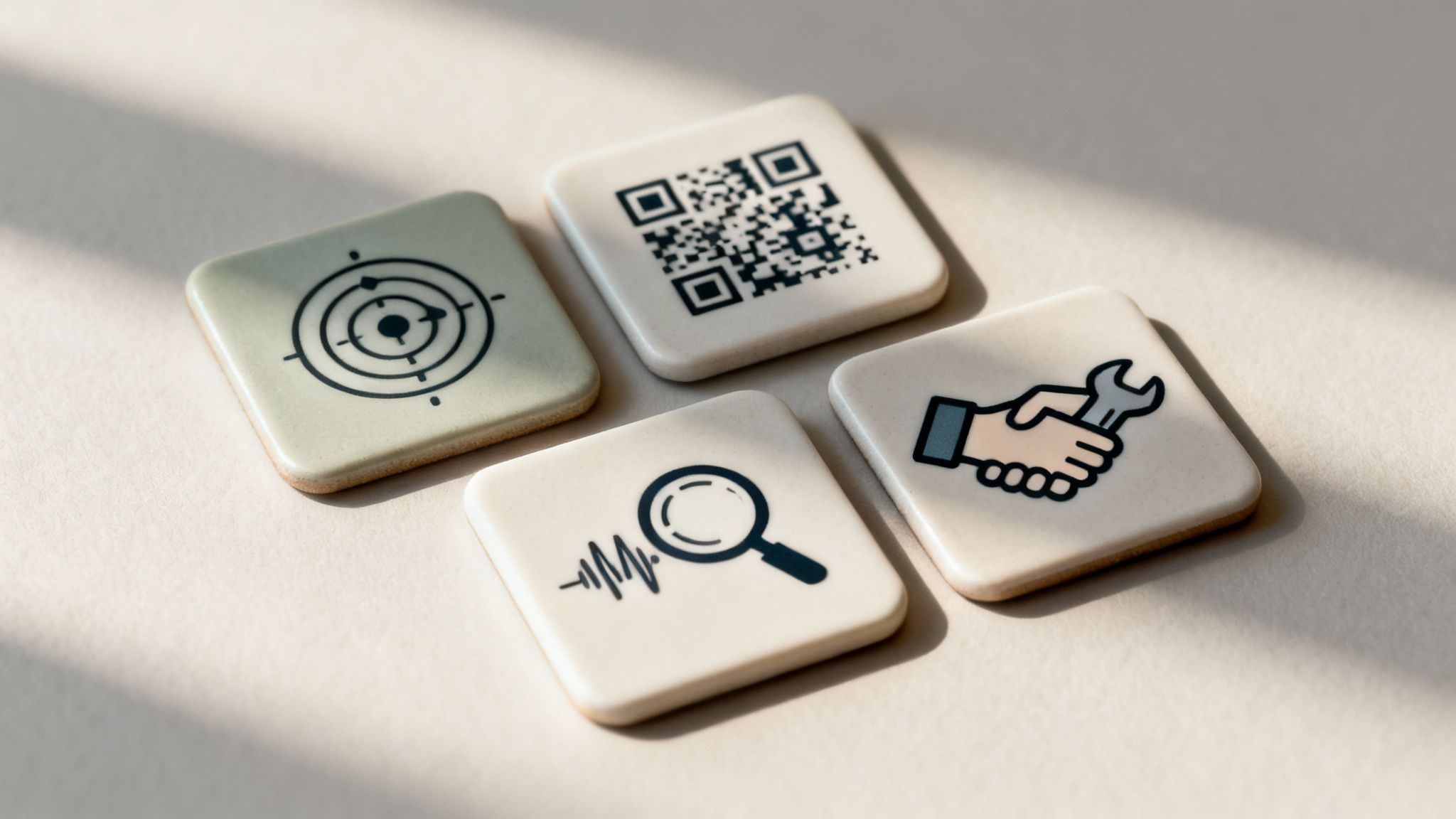 Four square tiles displaying icons for target, QR code, search, and service tools.