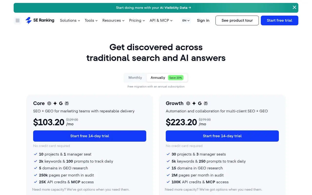 SE Ranking official pricing page screenshot, captured October 4, 2026
