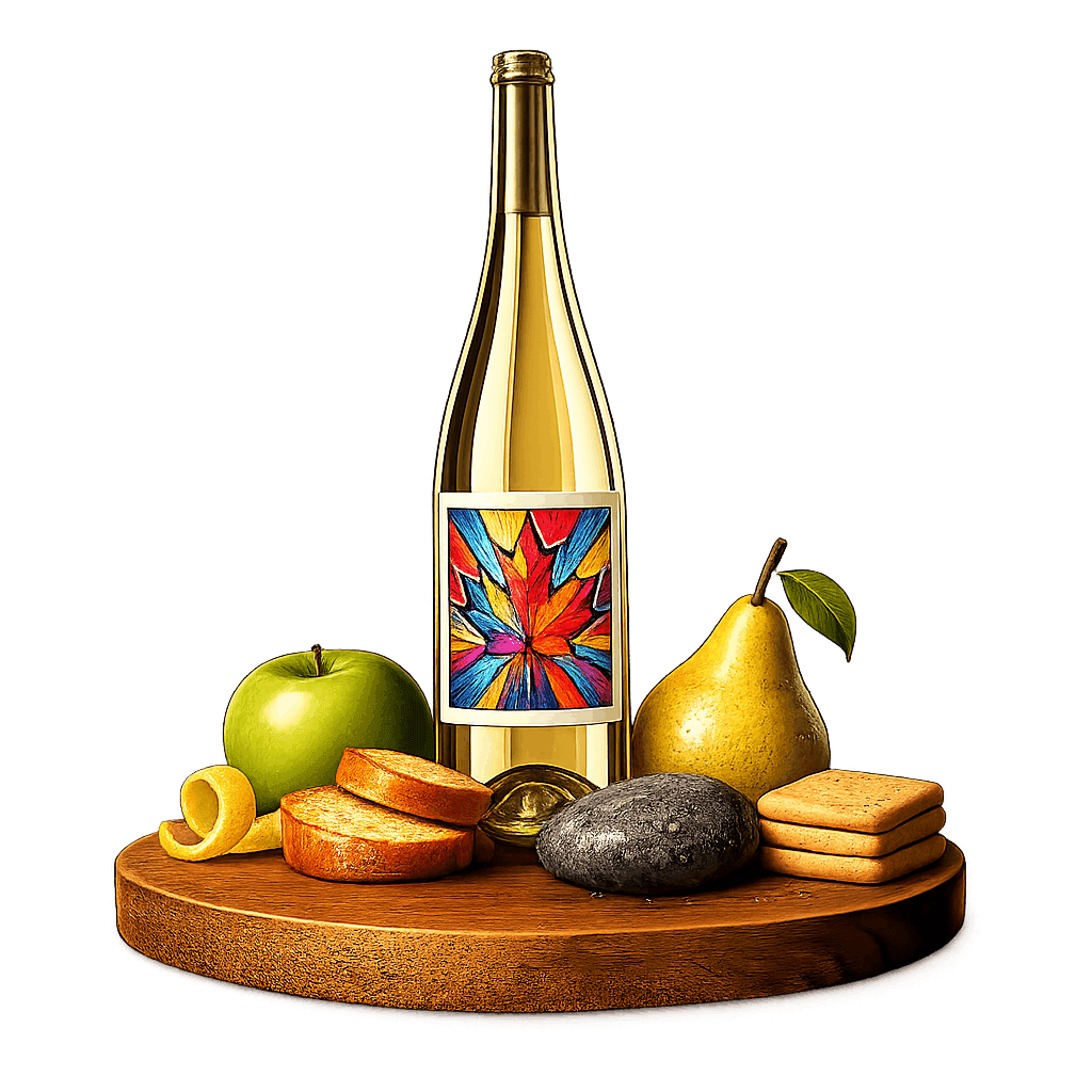 Artistic label and flavor profile for Canadian Sparkling Wine on a rustic wooden table.