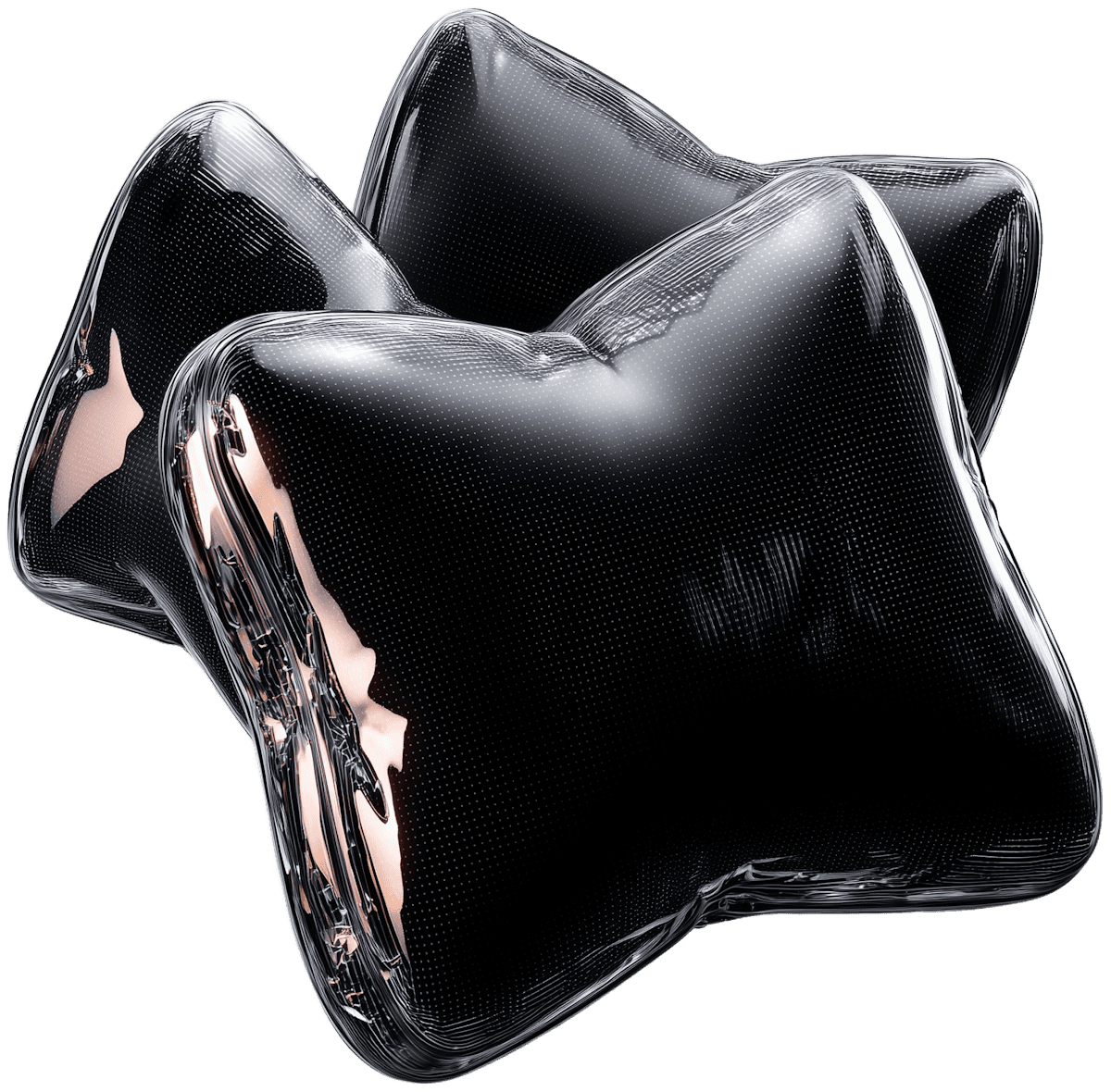 A pair of glossy black cushion-like 3D forms with reflective highlights and soft sculpted edges on a transparent background.