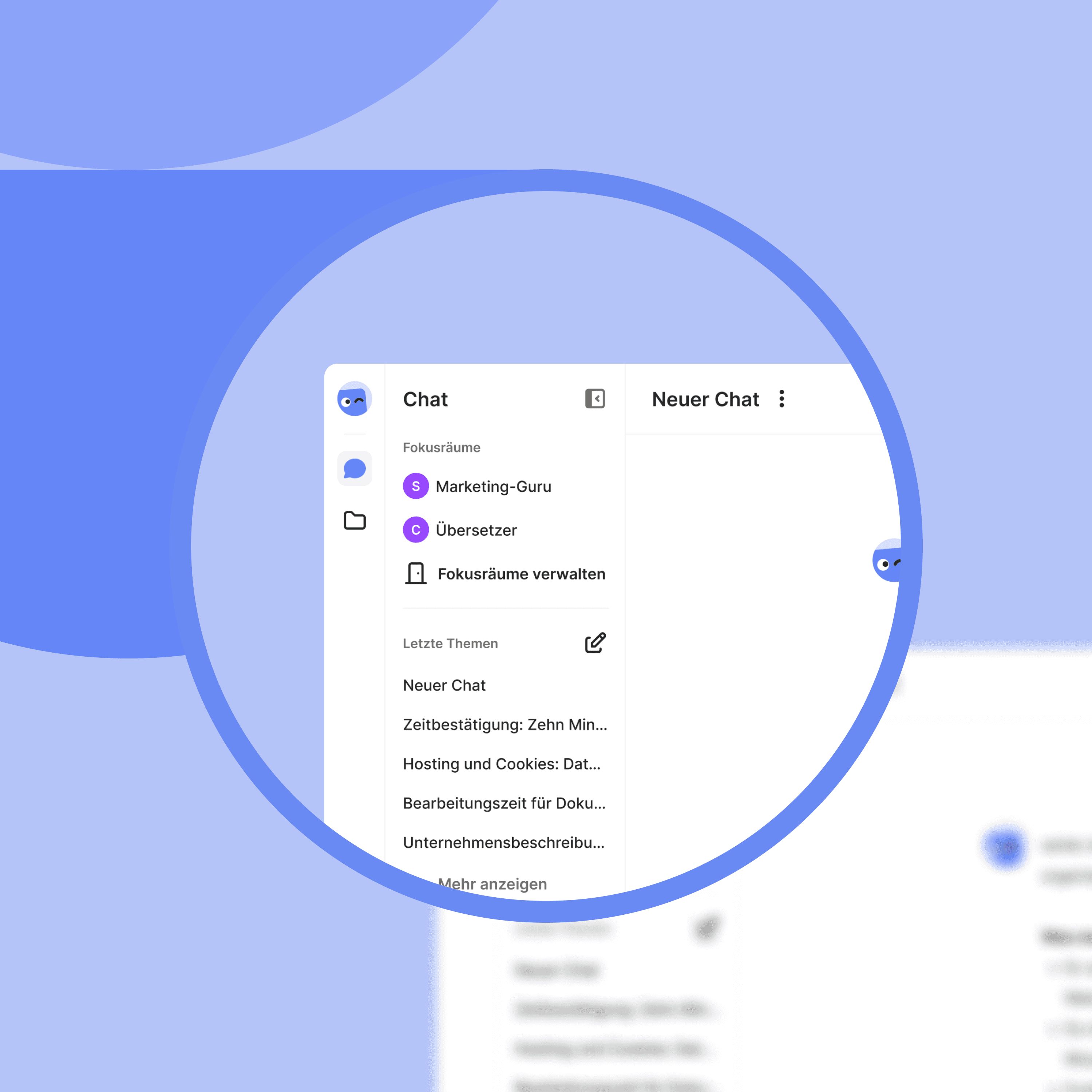 Auschnitt des winkk AI KI-Chats mit Beispielunterhaltungen auf blauen Hintergrund.