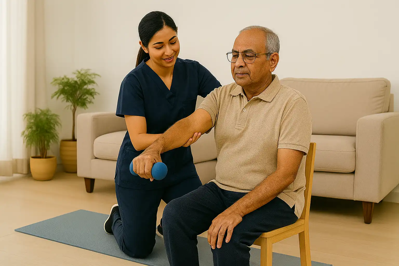 A physiotherapist supporting a man during a guided arm movement exercise to improve strength and mobility after a stroke.