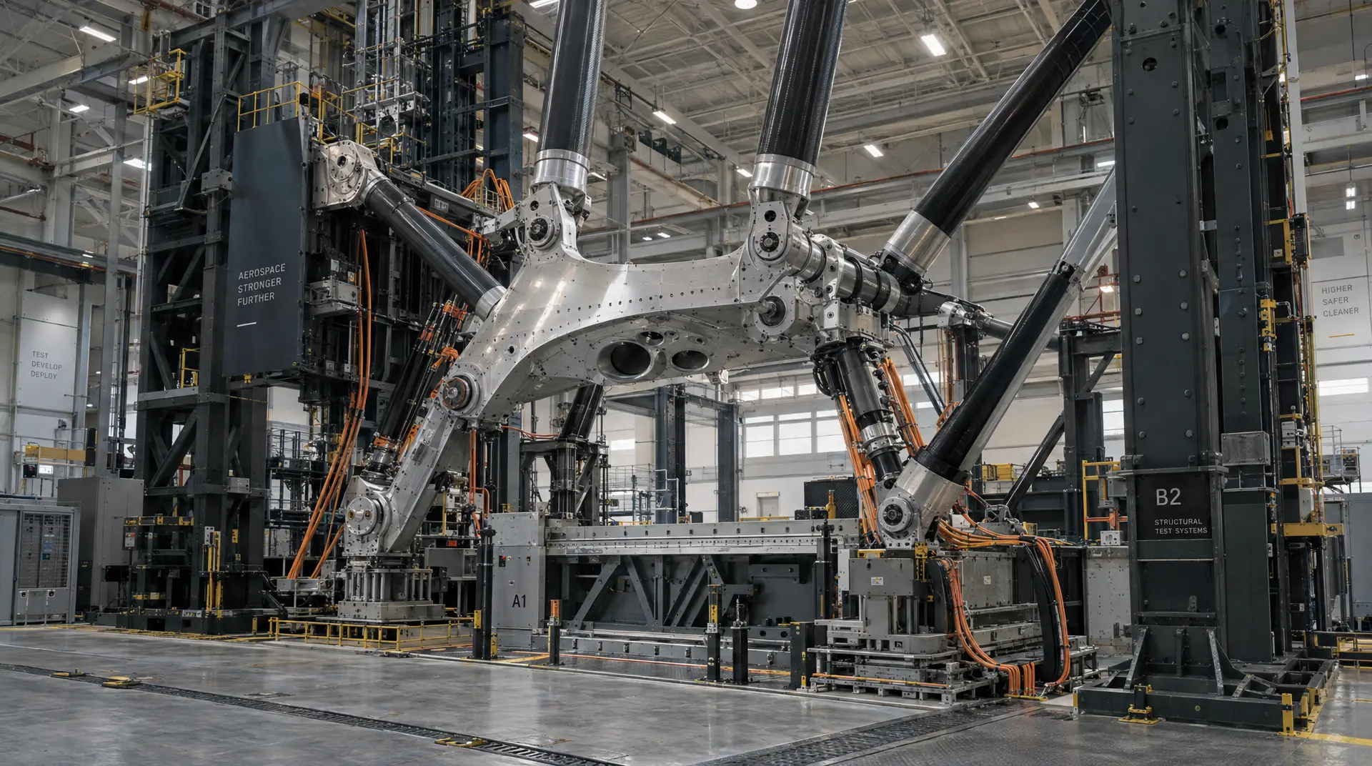 Spacecraft hardware sits inside a large cleanroom test stand with grey structural frames, thick cables, and overhead ducting. Signage reads "AEROSPACE STRONGER FURTHER" and "HIGHER SAFER CLEANER."