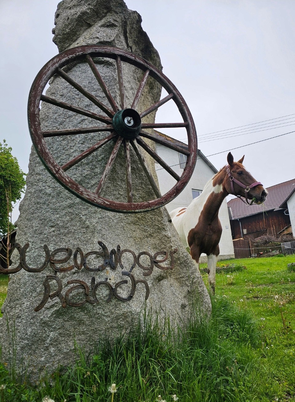 Weidinger Ranch, Stein mit Rad und Pferd daneben.