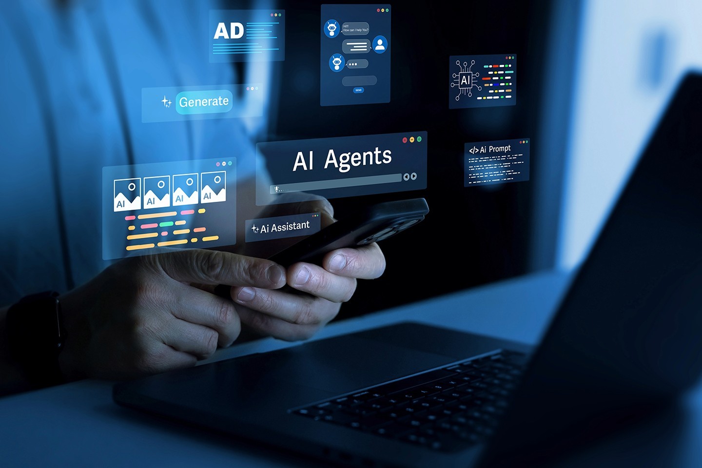 AI agent interfaces displayed above a smartphone