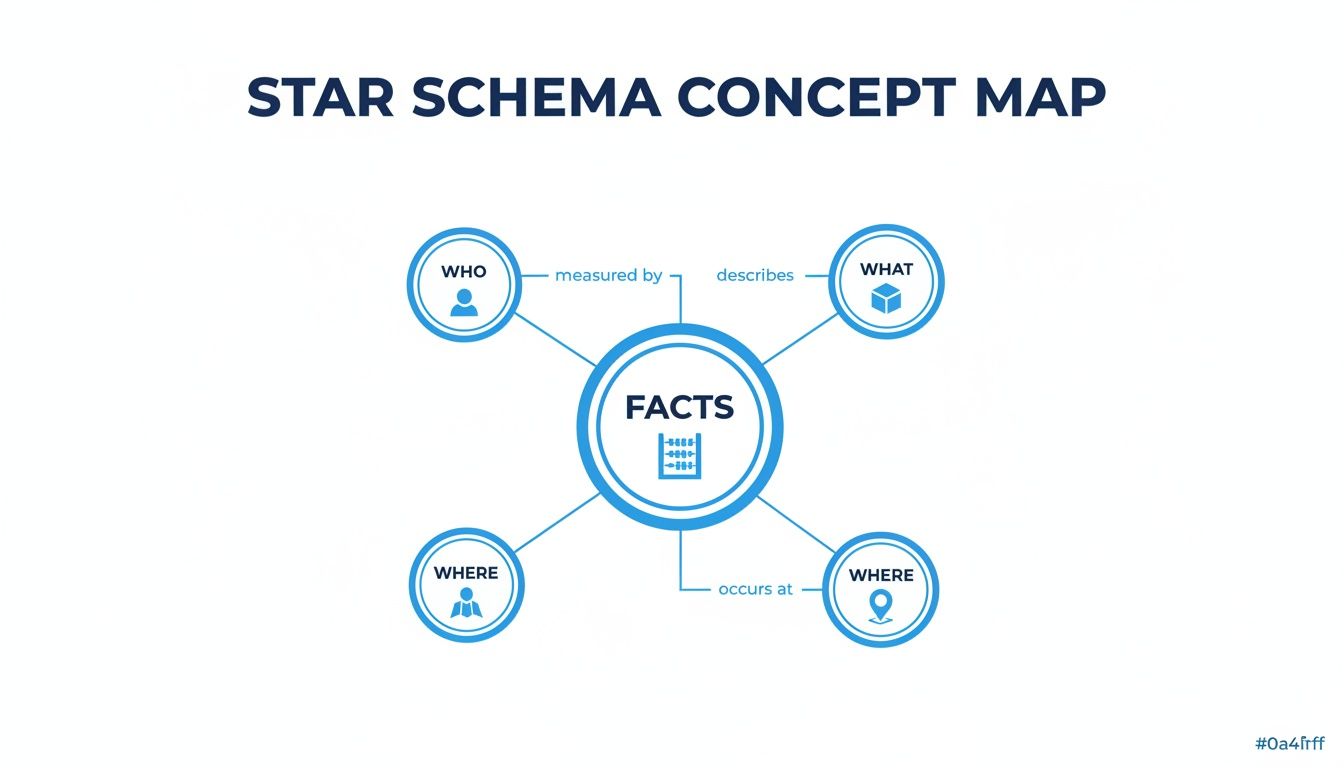 Star schema concept map showing a central FACTS table linked to WHO, WHAT, and WHERE dimensions.