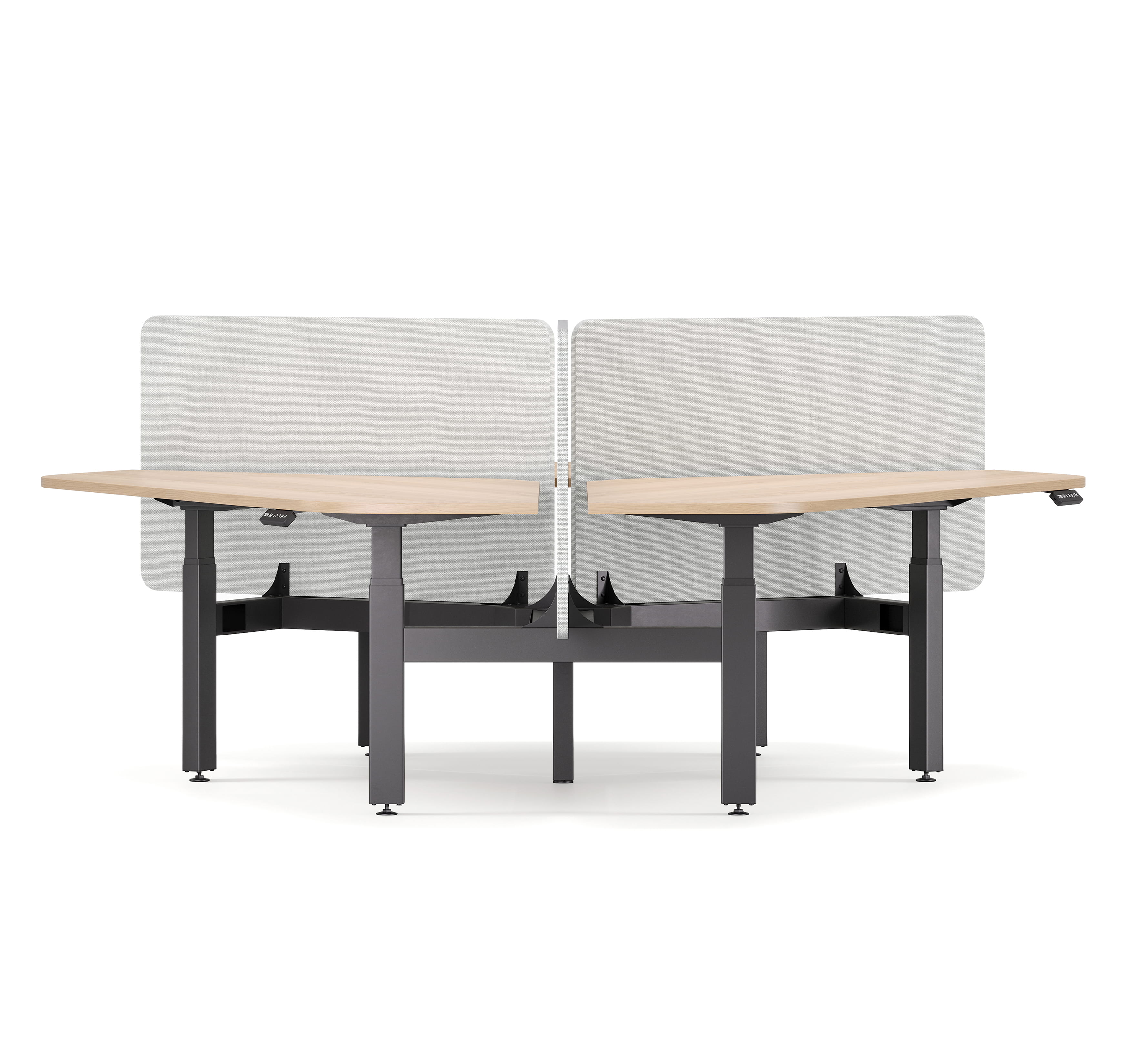 Front view of 120-degree workstation desk with divider panels and shared setup