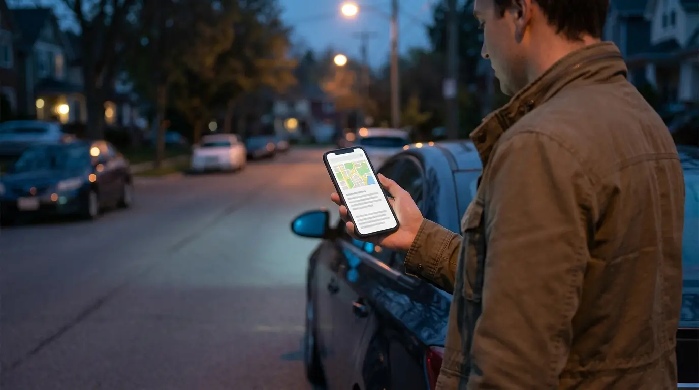 A person standing beside a parked car on a residential street at dusk, holding a phone that shows a simple mobile guide page with a small map at the top.
