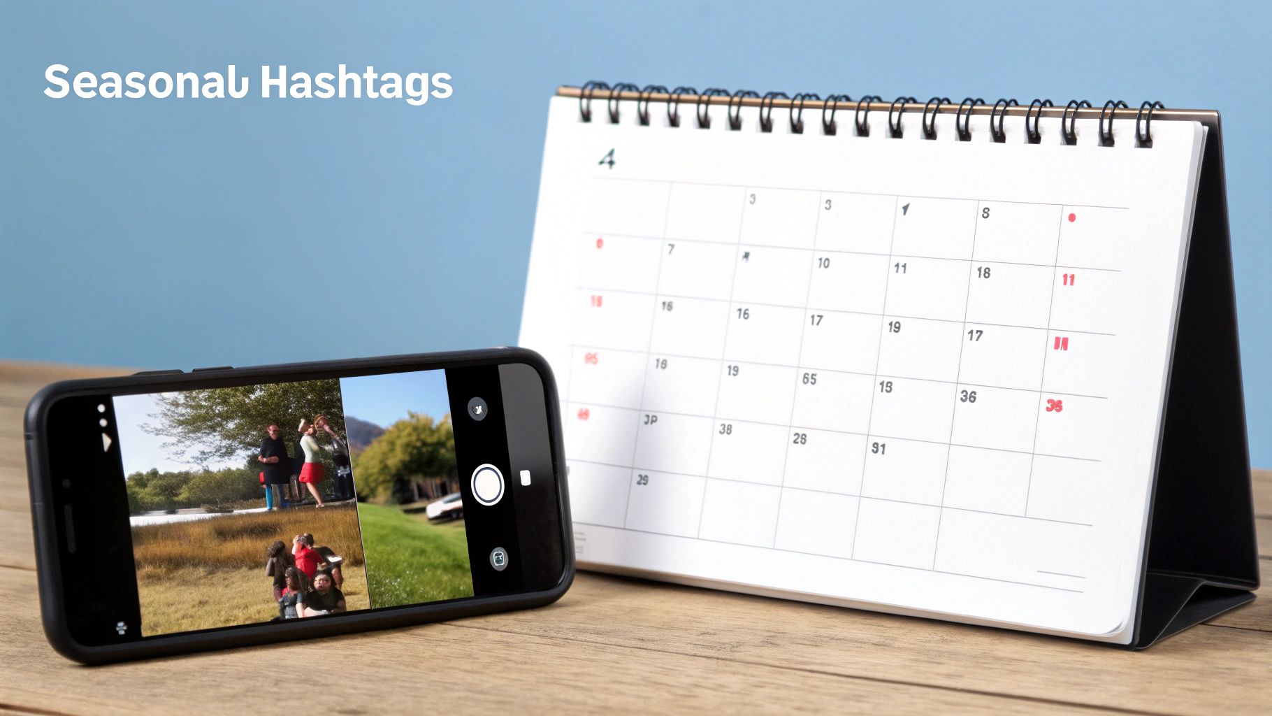 A smartphone displaying outdoor photos next to an April calendar with 'Seasonal Hashtags' text.